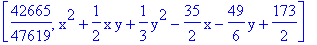 [42665/47619, x^2+1/2*x*y+1/3*y^2-35/2*x-49/6*y+173/2]